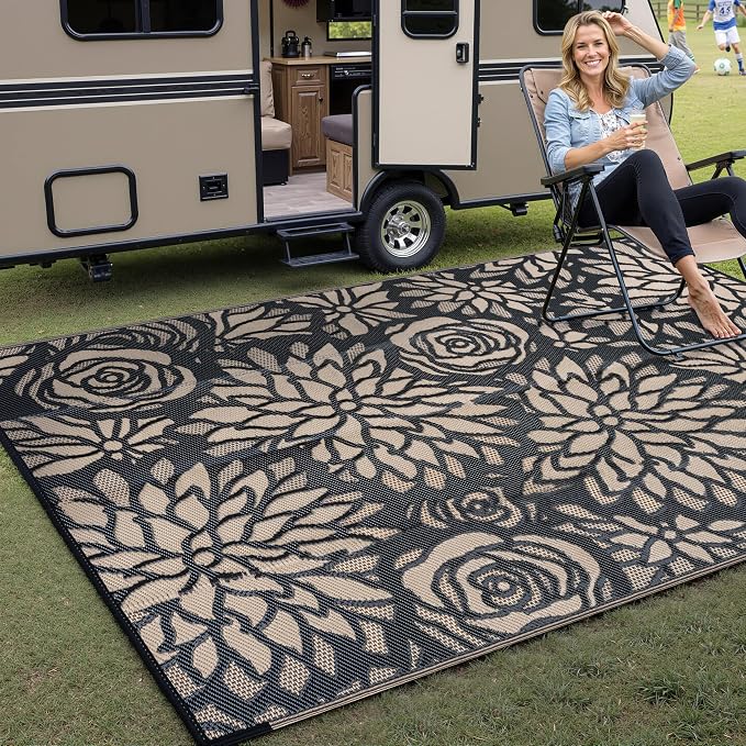 Outdoor Plastic Straw Rug Waterproof Patio 5x8 Black Brown Floral Mat - Image 3