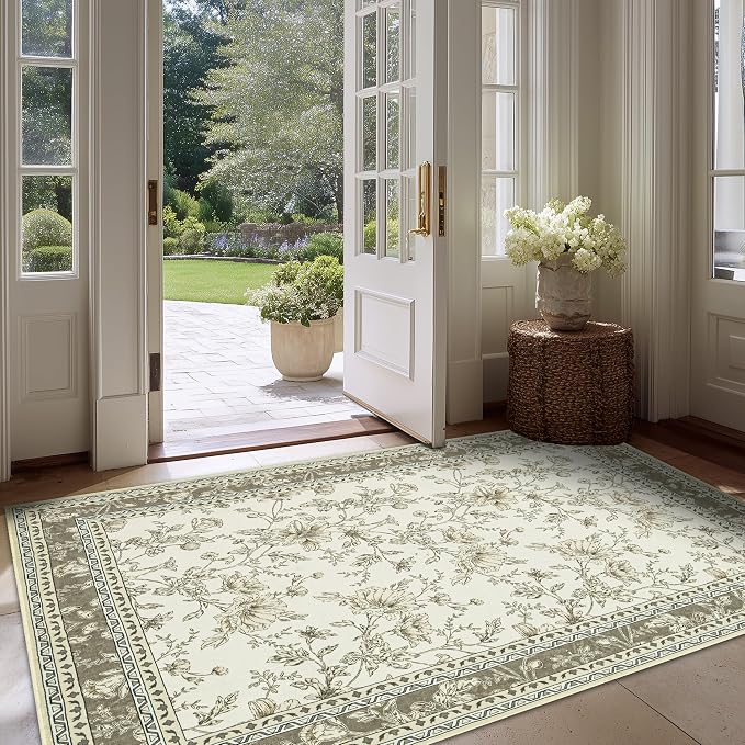 Beige Taupe Floral Area Rug for Entryway 2x3 Washable Small Rug Low Pile Non - Image 8