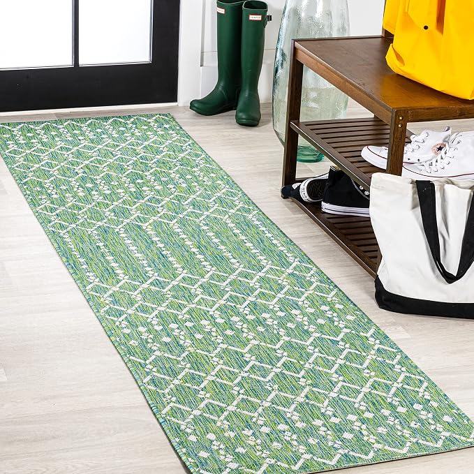 JONATHAN Y Moroccan Geometric Indoor Outdoor Runner Rug 2X8 Green/Cream by JONATHANY