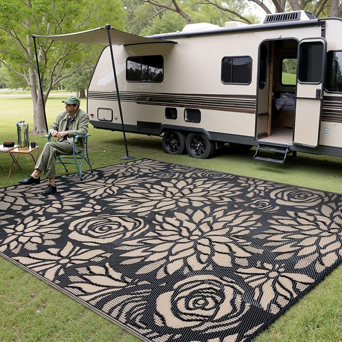 Outdoor Plastic Straw Rug Waterproof Patio 8x10 Black Brown Floral Mat - Image 3