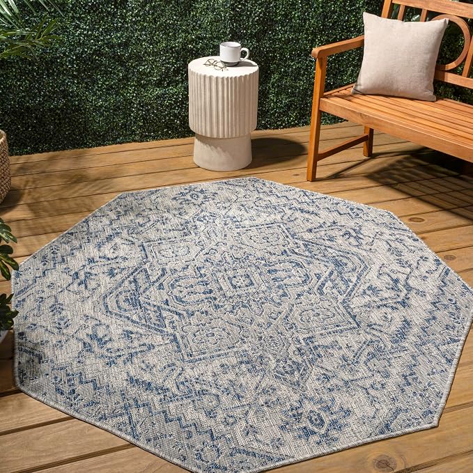 JONATHAN Y Boho Medallion Indoor Outdoor Octagon Area Rug 5 Ft Navy/Gray - Image 3