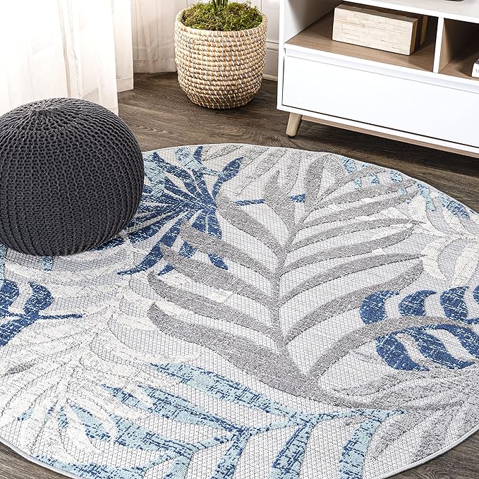 JONATHAN Y Tropics Palm Leaves Indoor Outdoor Round Area Rug 5 Ft Gray/Blue by JONATHANY