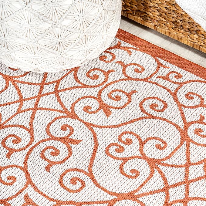 JONATHAN Y Vintage Filigree Indoor Outdoor Round Area Rug 5 Ft Cream/Orange - Image 5