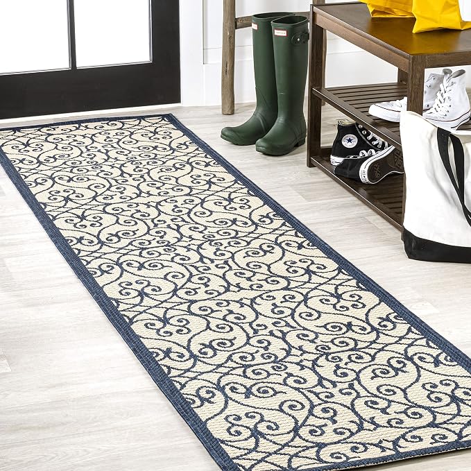 JONATHAN Y Vintage Filigree Indoor Outdoor Runner Rug 2X10 Navy/Beige, Madrid by JONATHANY
