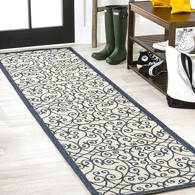 JONATHAN Y Vintage Filigree Indoor Outdoor Runner Rug 2X8 Navy/Beige, Madrid by JONATHANY
