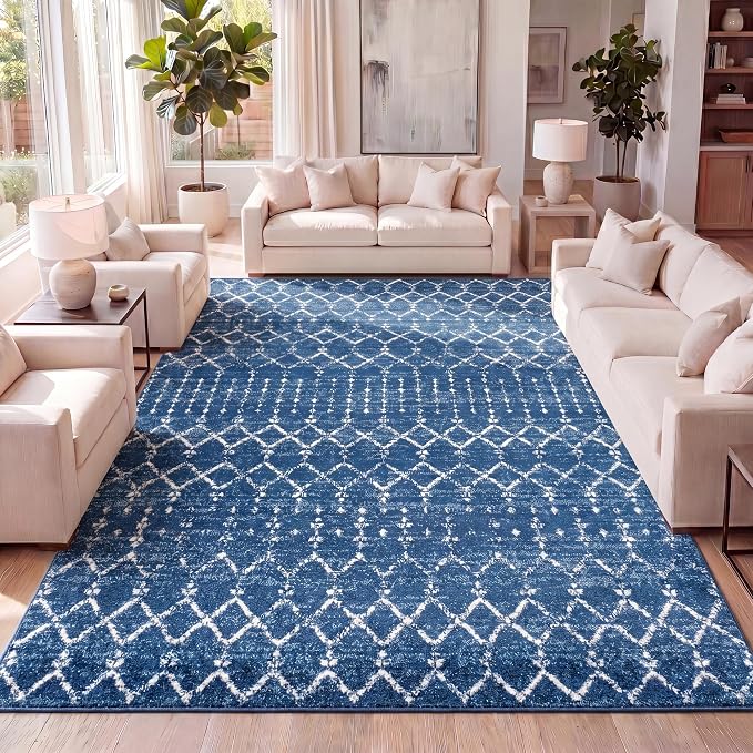 JONATHAN Y Boho Vintage Diamond Blue/White Indoor Area Rug 3X5 ft, Moroccan Hype by JONATHANY