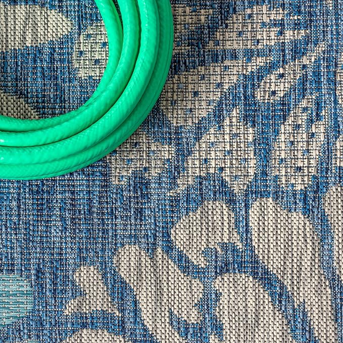 JONATHAN Y Floral Textured Weave Indoor Outdoor Runner Rug 2X14 Navy/Aqua - Image 3