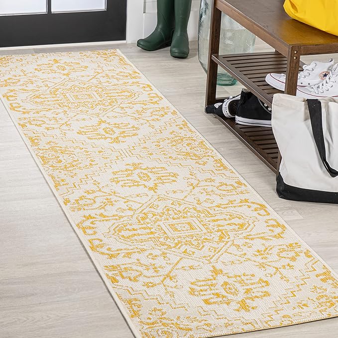JONATHAN Y Boho Medallion Indoor Outdoor Runner Rug 2X10 Cream/Yellow, Estrella by JONATHANY