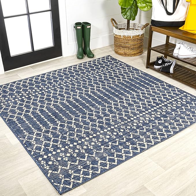 JONATHAN Y Moroccan Geometric Indoor Outdoor Square Area Rug 3X3 Navy/Beige by JONATHANY