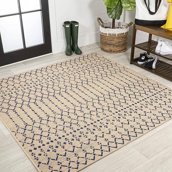JONATHAN Y Moroccan Geometric Indoor Outdoor Square Area Rug 8X8 Beige/Navy by JONATHANY