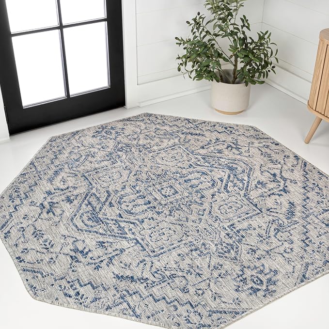 JONATHAN Y Boho Medallion Indoor Outdoor Octagon Area Rug 5 Ft Navy/Gray by JONATHANY
