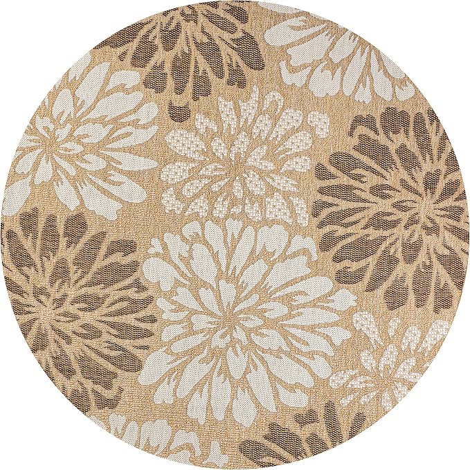 JONATHAN Y Floral Textured Weave Indoor Outdoor Round Area Rug 4 Ft Brown/Cream - Image 8