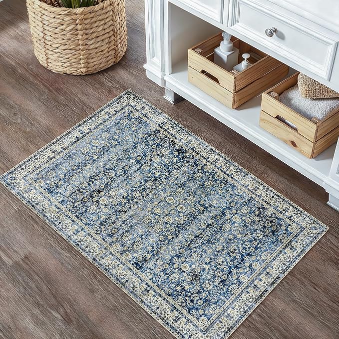 BILEEHOME Vintage Blue Kitchen Rugs 2x3 Dark Blue Distressed Low Pile Area Rug - Image 2