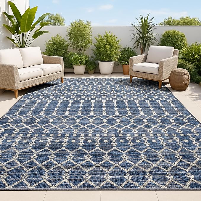 JONATHAN Y Moroccan Geometric Indoor Outdoor Area Rug 5X8 Navy/Beige, Ourika by JONATHANY