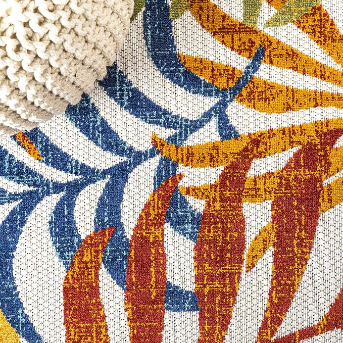 JONATHAN Y Tropics Palm Leaves Indoor Outdoor Round Area Rug 6 Ft Cream/Orange - Image 4