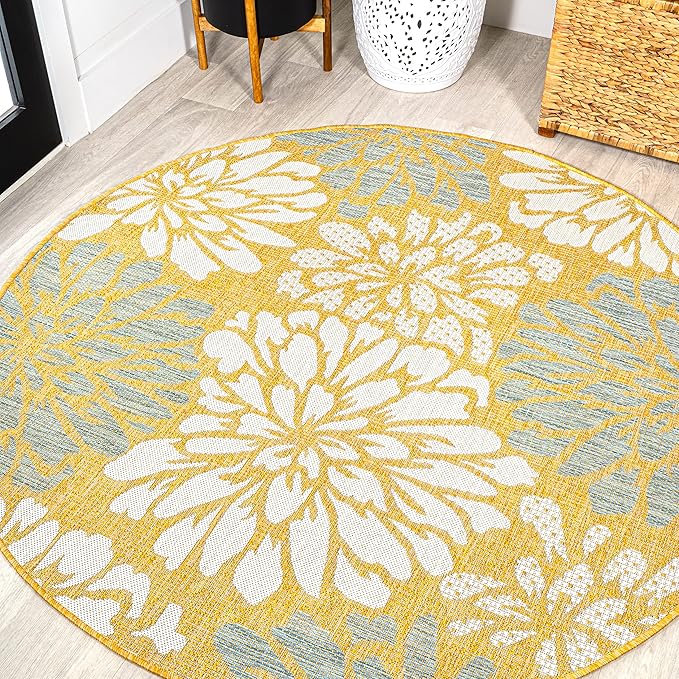 JONATHAN Y Floral Textured Weave Indoor Outdoor Round Area Rug 5 Ft Yellow/Cream by JONATHANY