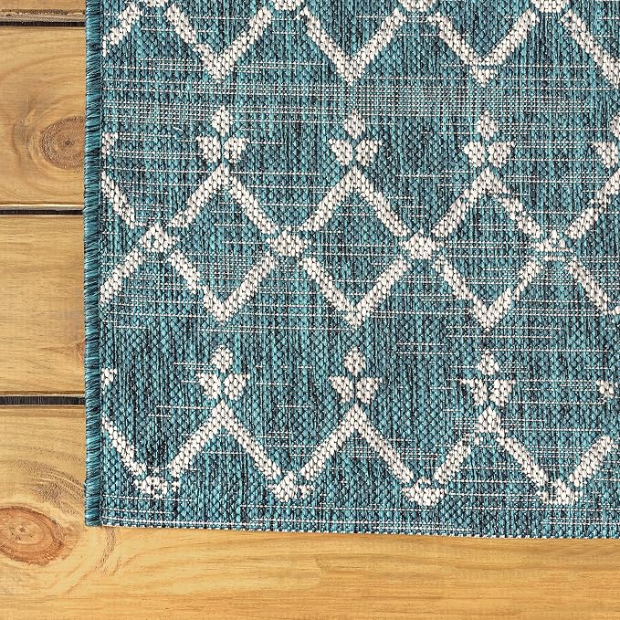 JONATHAN Y Moroccan Geometric Indoor Outdoor Round Area Rug 5 Ft Teal/Gray - Image 7