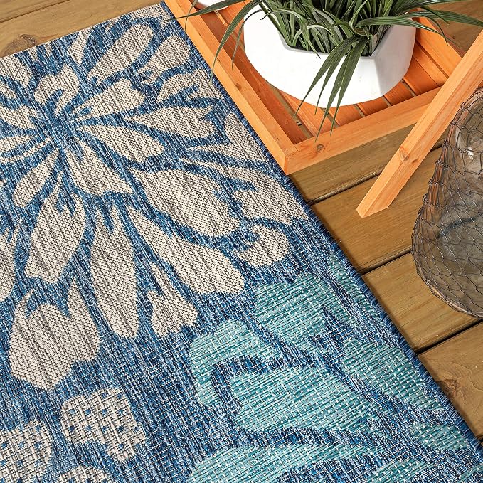 JONATHAN Y Floral Textured Weave Indoor Outdoor Round Area Rug 6 Ft Navy/Aqua - Image 3