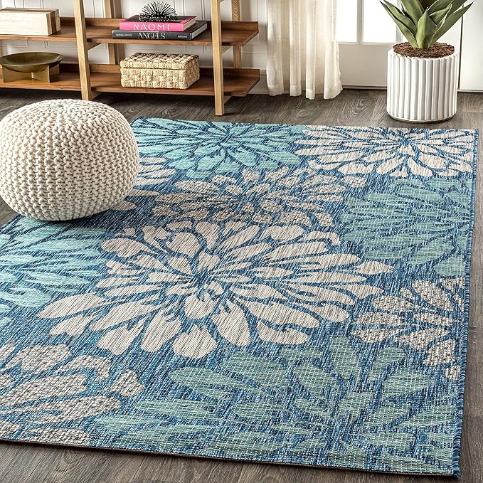 JONATHAN Y Floral Textured Weave Indoor Outdoor Area Rug 5X8 Navy/Aqua - Image 3